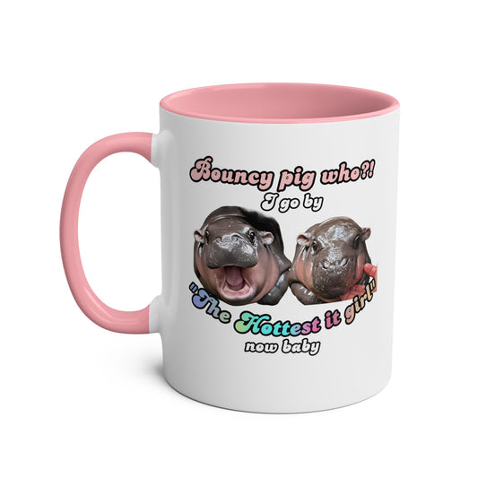 “Bouncy pig who?!” Two-Tone Coffee Mugs black or pink &white, 11oz